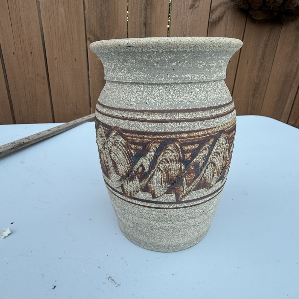 Vintage Stoneware Studio Pottery Vase Vessel Boho Natural Beige Signed Leitch